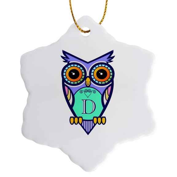 3drose, Initial Letter D- Cute Owl in Turquoise Pink and Lavender, 3 inch Snowflake Porcelain Ornament
