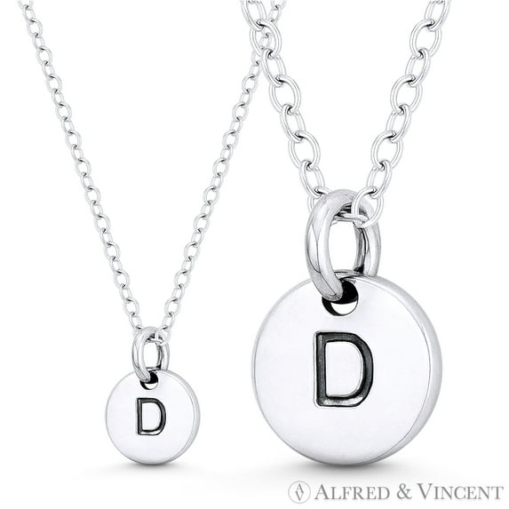 Initial Letter "D" Engraved Tiny 11x8mm (0.4"x0.3") Circle Pendant & Chain Necklace in .925 Sterling Silver