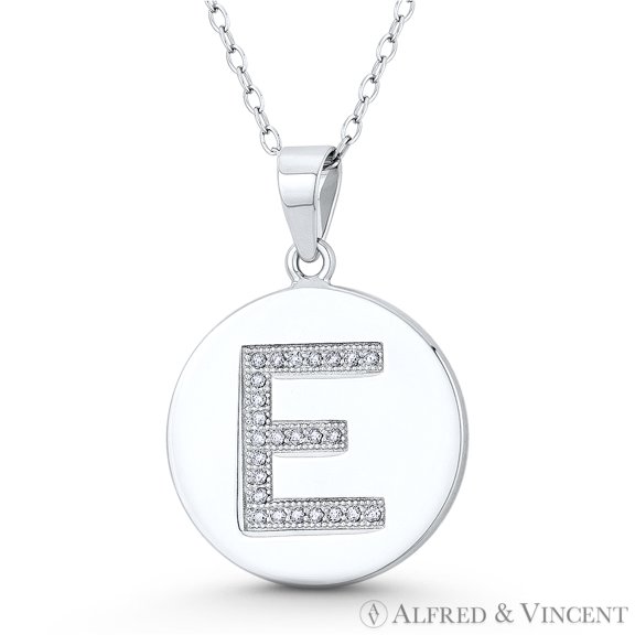 Initial Letter "E" Cubic Zirconia CZ Crystal 27x18mm (1.1"x0.7") Circle Pendant & Chain Necklace in .925 Sterling Silver w/ Rhodium
