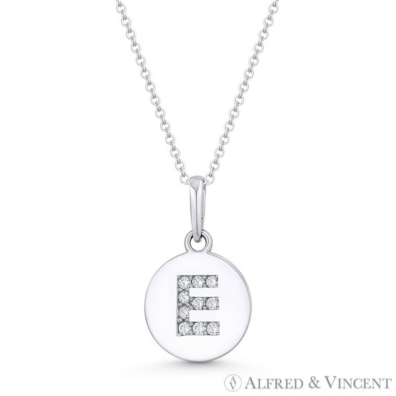 Initial Letter "E" Cubic Zirconia Crystal Round Disc Pendant in Solid 14k White Gold