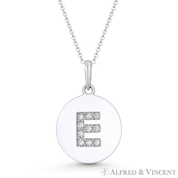 Initial Letter "E" Cubic Zirconia Crystal Round Disc Pendant in Solid 14k White Gold