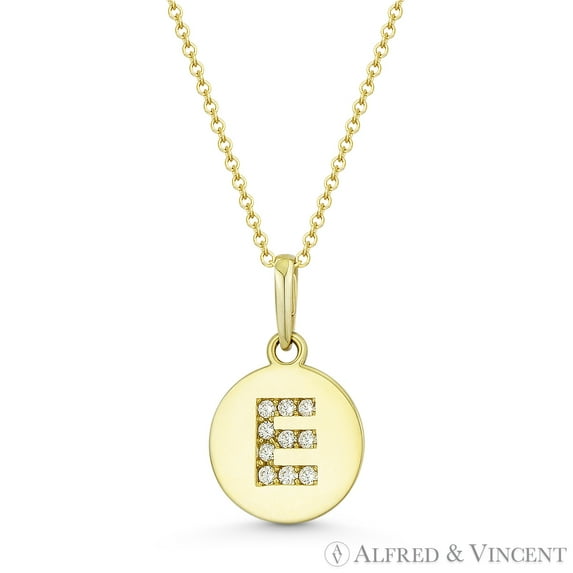 Initial Letter "E" Cubic Zirconia Crystal Round Disc Pendant in Solid 14k Yellow Gold