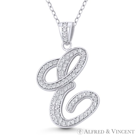 Initial Letter "E" Cursive Script Cubic Zirconia CZ Crystal Pendant in .925 Sterling Silver w/ Rhodium