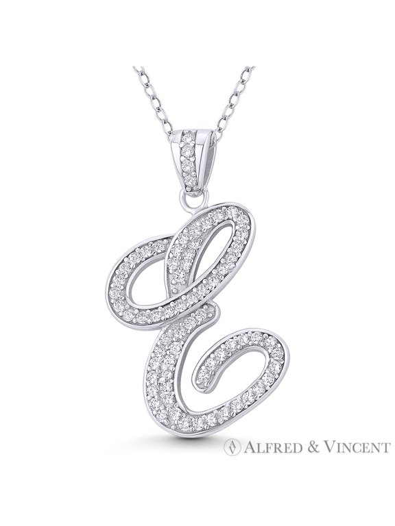 Initial Letter "E" Cursive Script Cubic Zirconia CZ Crystal Pendant in .925 Sterling Silver w/ Rhodium