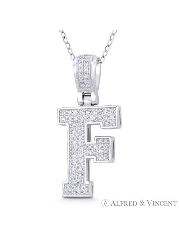 Initial Letter "F" Block Script Cubic Zirconia CZ Crystal Pendant in .925 Sterling Silver w/ Rhodium