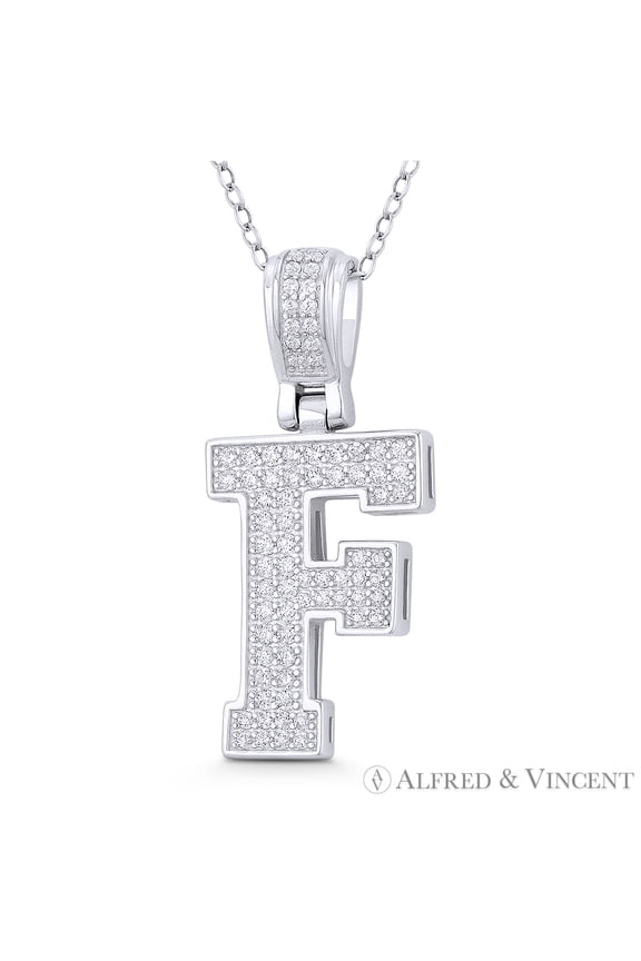 Initial Letter "F" Block Script Cubic Zirconia CZ Crystal Pendant in .925 Sterling Silver w/ Rhodium