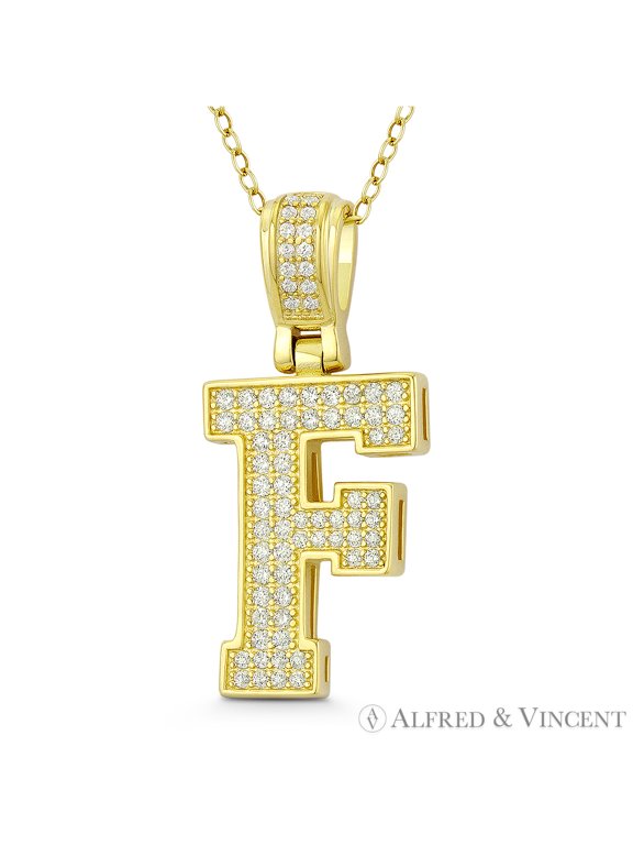 Initial Letter "F" Block Script Cubic Zirconia CZ Crystal Pendant in .925 Sterling Silver w/ 14k Yellow Gold