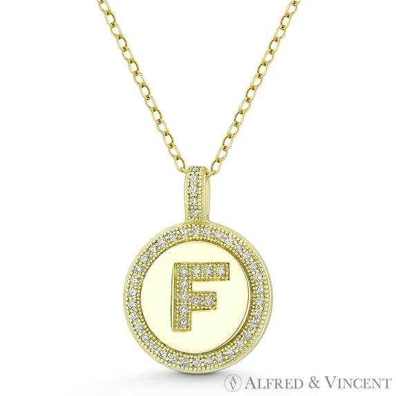 Initial Letter "F" Cubic Zirconia CZ Crystal Pave Pendant in .925 Sterling Silver w/ 14k Yellow Gold