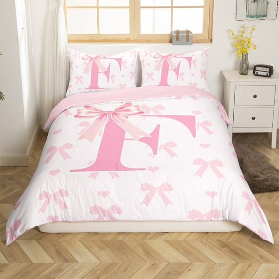Initial Letter F Duvet Cover Set Twin Size,Princess Style Pink Bowknot Girly Romantic Bedding Set, Room Decor,Dreamy Bow Love Hearts Kawaii Pink Quilt Cover,No Comforter