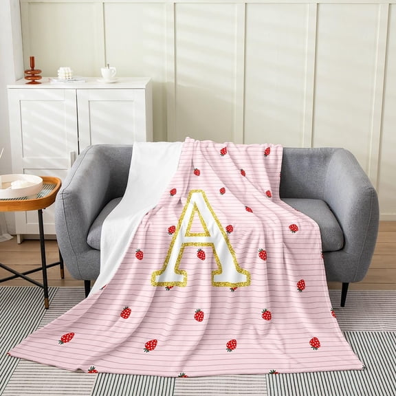 Initial Letter A Flannel Blanket Plush Fuzzy Strawberry Fleece Throw Blanket for Boys Girls Gray Pink Striped Plush Lightweight Sofa Throw Monogram Alphabet Throw for Bed Couch Room 30" x 40"
