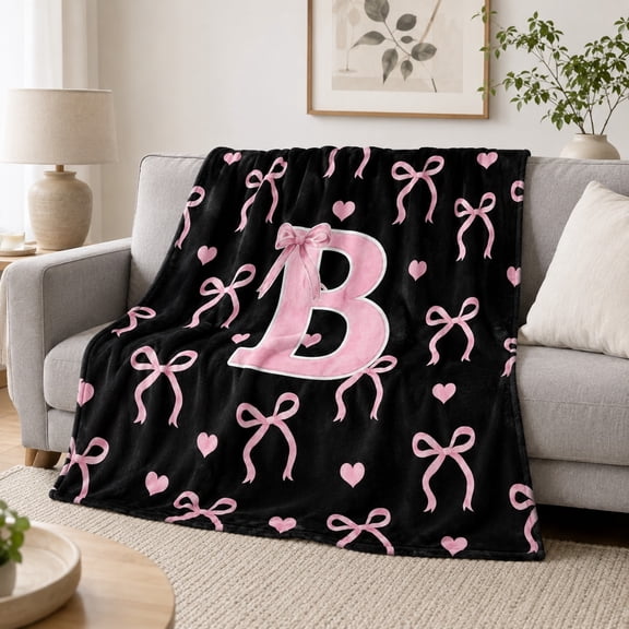Initial Letter Fleece Throw Blanket, Pink Bow Heart Print, 280 GSM
