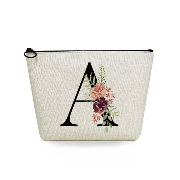 Initial Letter Flower Custom Name Toiletry Kit Women Custom Toiletry Bag Linen Pouch Travel Toiletry Organizer Teacher Gift Bag