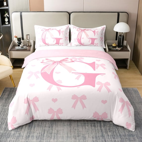 Initial Letter G Chic 100% Cotton Duvet Cover Twin,Dreamy Bow Love Hearts Kawaii Pink Comforter Cover(No Filler) Adults,Princess Style Pink Bowknot Girly Romantic Bedding Set 2 Pcs