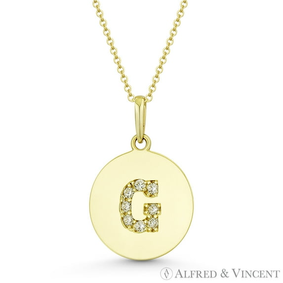 Initial Letter "G" Cubic Zirconia Crystal Round Disc Pendant in Solid 14k Yellow Gold