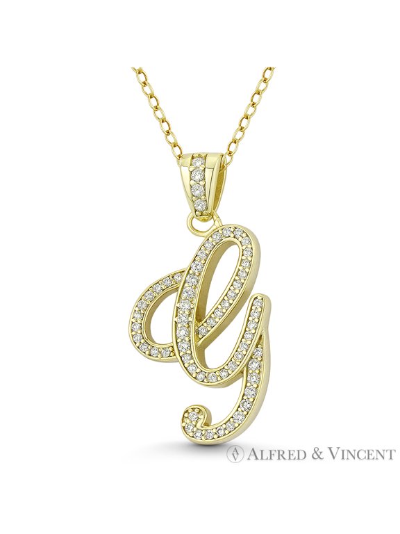 Initial Letter "G" Cursive Script Cubic Zirconia CZ Crystal Pendant in .925 Sterling Silver w/ 14k Yellow Gold