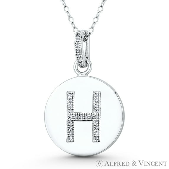 Initial Letter "H" Cubic Zirconia CZ Crystal 28x18mm (1.1"x0.7") Circle Pendant & Chain Necklace in .925 Sterling Silver w/ Rhodium