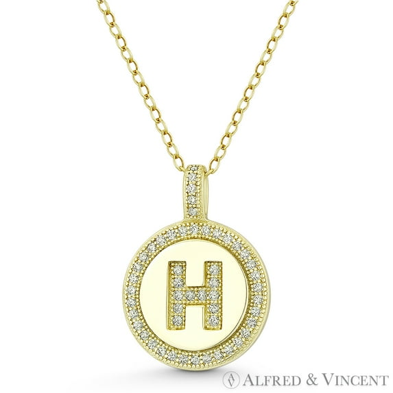 Initial Letter "H" Cubic Zirconia CZ Crystal Pave Pendant in .925 Sterling Silver w/ 14k Yellow Gold