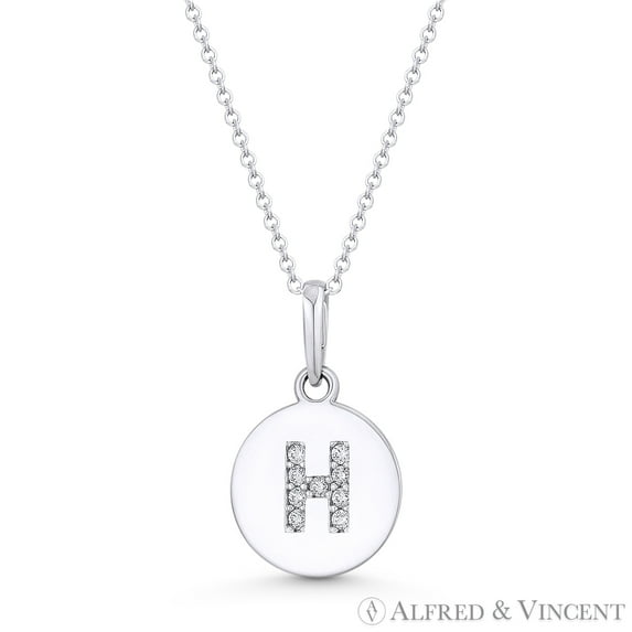 Initial Letter "H" Cubic Zirconia Crystal Round Disc Pendant in Solid 14k White Gold