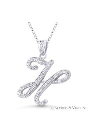 Initial Letter "H" Cursive Script Cubic Zirconia CZ Crystal Pendant in .925 Sterling Silver w/ Rhodium