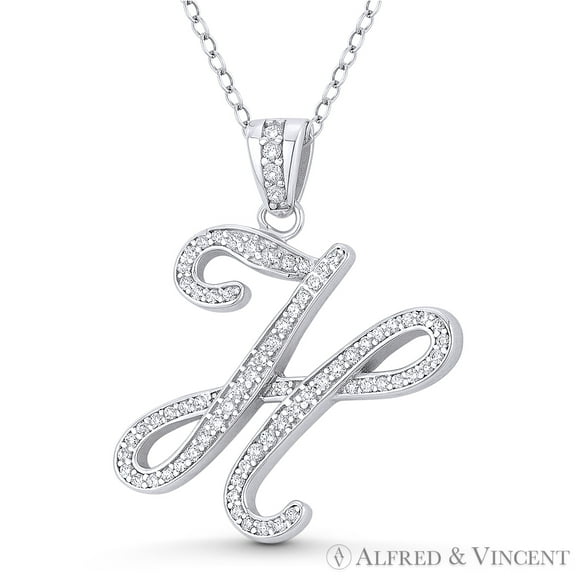 Initial Letter "H" Cursive Script Cubic Zirconia CZ Crystal Pendant in .925 Sterling Silver w/ Rhodium