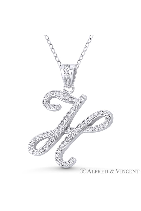 Initial Letter "H" Cursive Script Cubic Zirconia CZ Crystal Pendant in .925 Sterling Silver w/ Rhodium