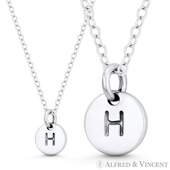 Initial Letter "H" Engraved Tiny 11x8mm (0.4"x0.3") Circle Pendant & Chain Necklace in .925 Sterling Silver