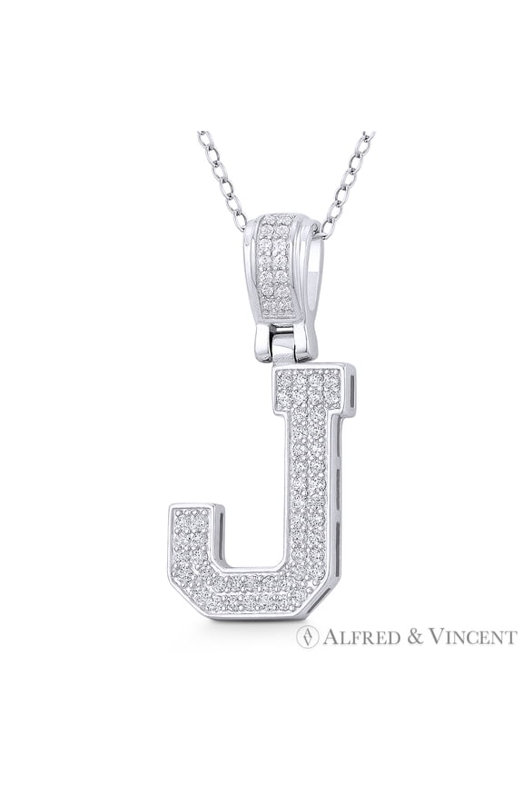 Initial Letter "J" Block Script Cubic Zirconia CZ Crystal Pendant in .925 Sterling Silver w/ Rhodium