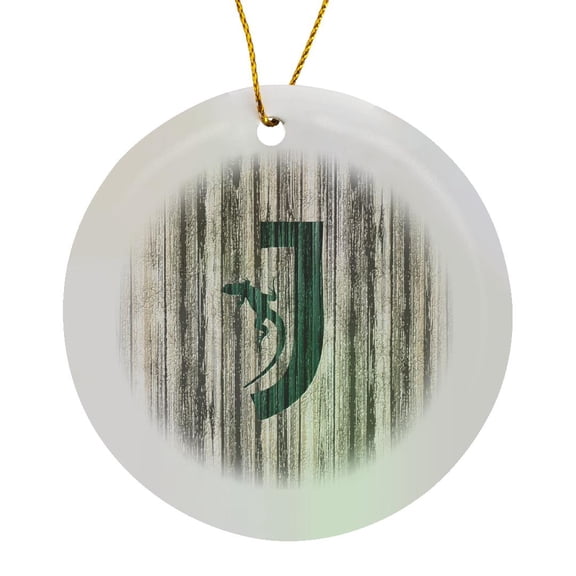 3drose, Initial Letter J- Cracked Paint Effect Monogram with Lizard Detail, Circle Porcelain Ornament