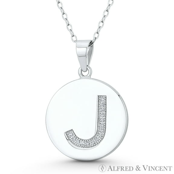Initial Letter "J" Cubic Zirconia CZ Crystal 27x18mm (1.1"x0.7") Circle Pendant & Chain Necklace in .925 Sterling Silver w/ Rhodium