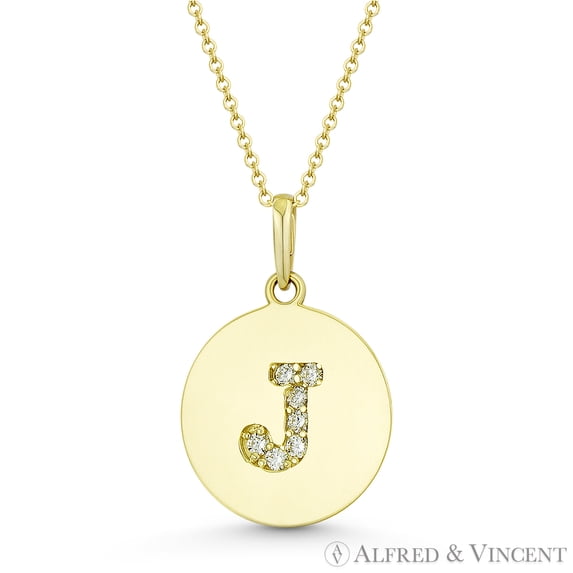 Initial Letter "J" Cubic Zirconia Crystal Round Disc Pendant in Solid 14k Yellow Gold