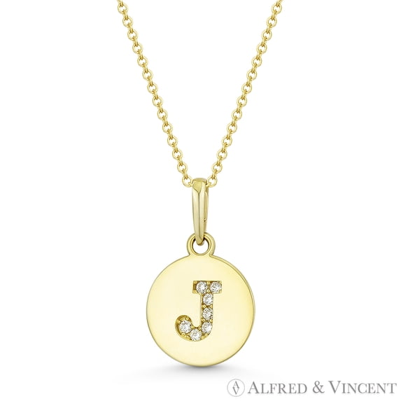 Initial Letter "J" Cubic Zirconia Crystal Round Disc Pendant in Solid 14k Yellow Gold