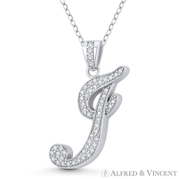 Initial Letter "J" Cursive Script Cubic Zirconia CZ Crystal Pendant in .925 Sterling Silver w/ Rhodium