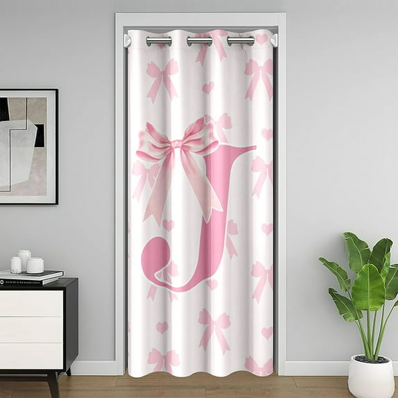 Initial Letter J Door Cover Curtain, Princess Style Pink Bowknot Girly Romantic Doorway Curtain for Living Room Decor, Dreamy Bow Love Hearts Kawaii Pink 80"x52" Door Drape Adults
