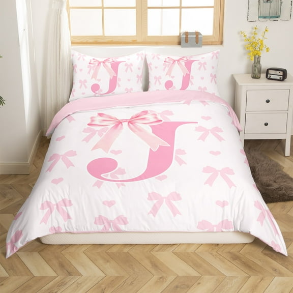 Initial Letter J Duvet Cover Full Size,Princess Style Pink Bowknot Girly Romantic Bedding Set 3 Pcs Teens,Dreamy Bow Love Hearts Kawaii Pink Comforter Cover(No Filler)