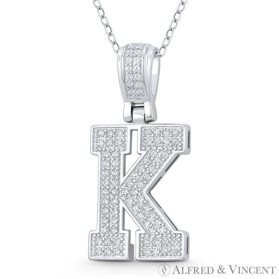 Initial Letter "K" Block Script Cubic Zirconia CZ Crystal Pendant in .925 Sterling Silver w/ Rhodium