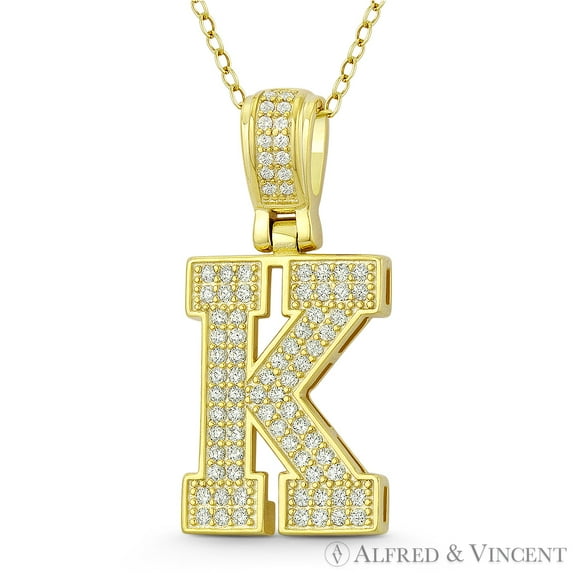 Initial Letter "K" Block Script Cubic Zirconia CZ Crystal Pendant in .925 Sterling Silver w/ 14k Yellow Gold