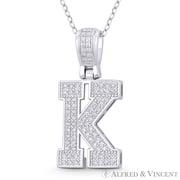 Initial Letter "K" Block Script Cubic Zirconia CZ Crystal Pendant in .925 Sterling Silver w/ Rhodium