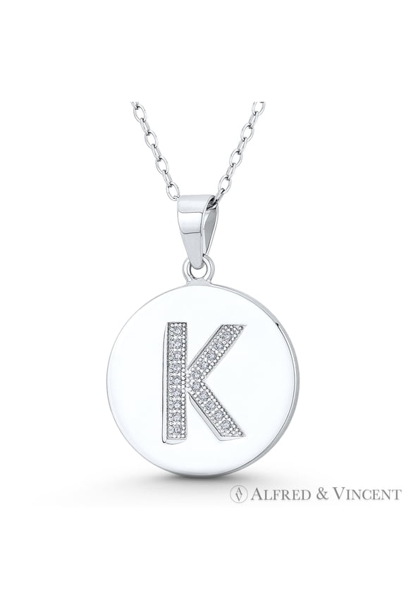 Initial Letter "K" Cubic Zirconia CZ Crystal 27x18mm (1.1"x0.7") Circle Pendant in .925 Sterling Silver w/ Rhodium
