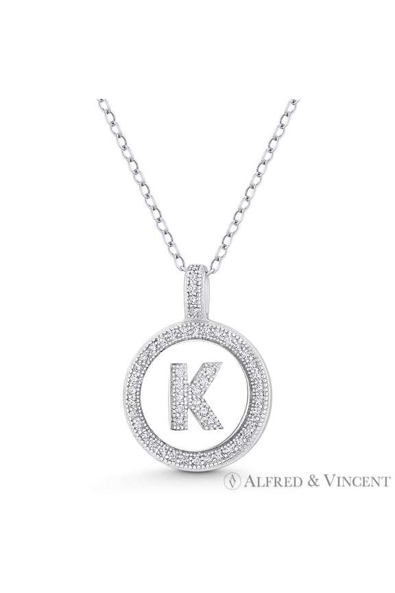 Initial Letter "K" Cubic Zirconia CZ Crystal Pave Pendant in .925 Sterling Silver w/ Rhodium