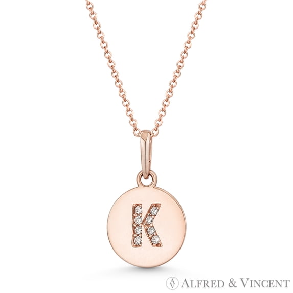 Initial Letter "K" Cubic Zirconia Crystal Round Disc Pendant in Solid 14k Rose Gold