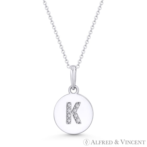 Initial Letter "K" Cubic Zirconia Crystal Round Disc Pendant in Solid 14k White Gold