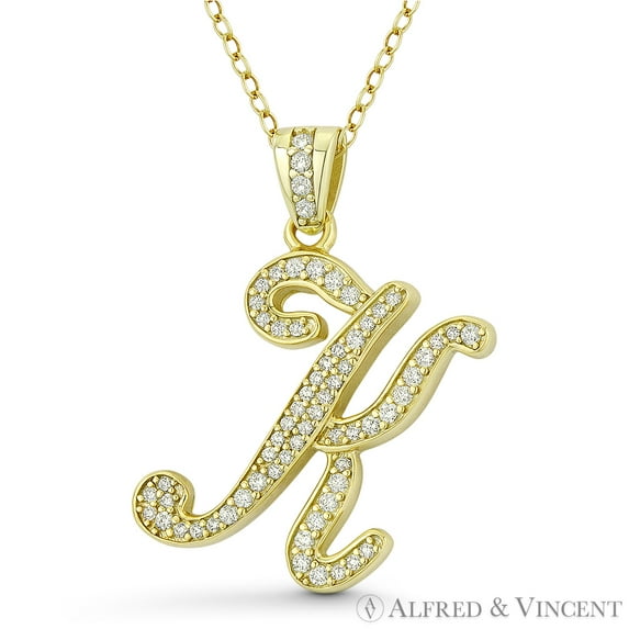 Initial Letter "K" Cursive Script Cubic Zirconia CZ Crystal Pendant in .925 Sterling Silver w/ 14k Yellow Gold