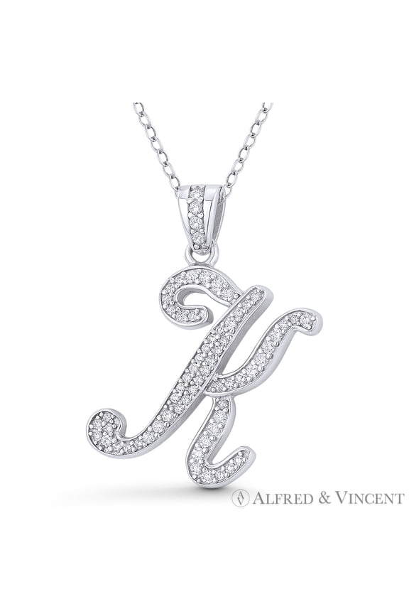 Initial Letter "K" Cursive Script Cubic Zirconia CZ Crystal Pendant in .925 Sterling Silver w/ Rhodium