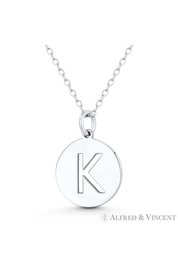 Initial Letter "K" Cutout 20x15mm (0.8in x 0.6in) Round Disc Pendant in .925 Sterling Silver
