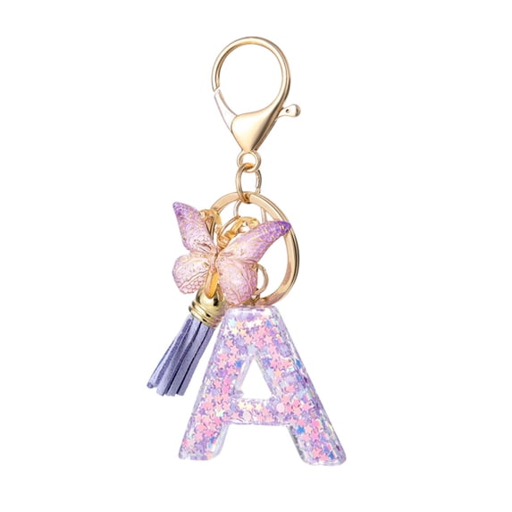 Initial Letter Keychain, Bling Sparkly Tassel Butterfly Pendant Key Ring, Purple Purse Charm for Womens, Keychain Accessories for Handbags & Backpacks, Gift for Women