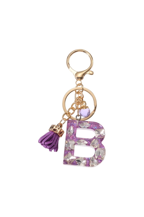 Initial Letter Keychain, Cute Alphabet Letter-B Charm with Tassel Ball, Purple