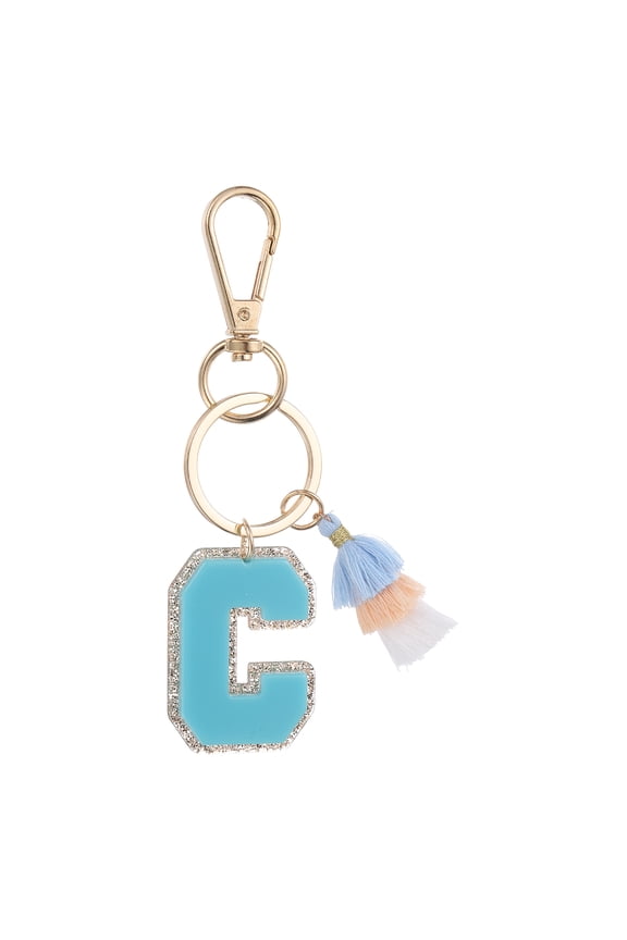 Initial Letter Keychain, Cute Alphabet Letter-C Charm with Tassel, Light Blue