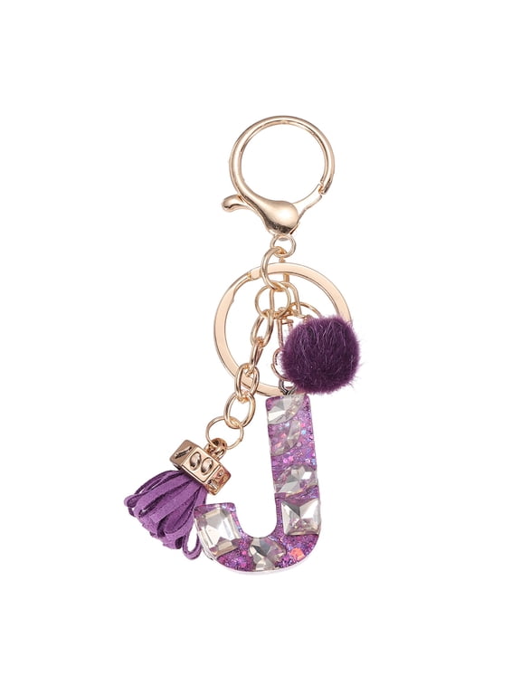 Initial Letter Keychain, Cute Alphabet Letter-J Charm with Tassel Ball, Purple