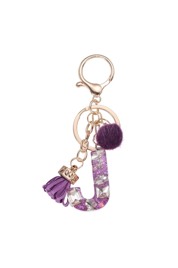 Initial Letter Keychain, Cute Alphabet Letter-J Charm with Tassel Ball, Purple
