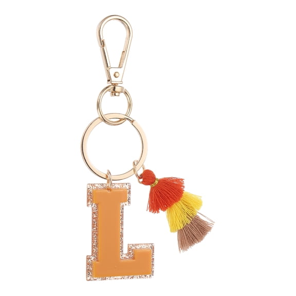 Initial Letter Keychain, Cute Alphabet Letter-L Charm with Tassel, Yellow Brown
